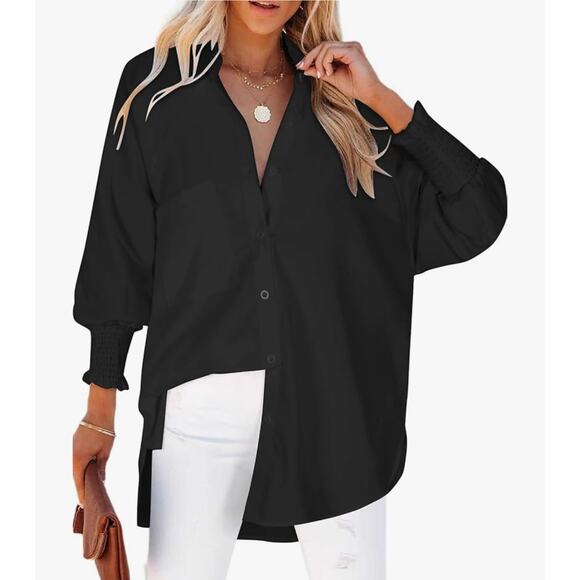 Black Button Down Shirt Smocked Cuffs Pockets Size L Oversized No-Iron - Picture 3 of 5